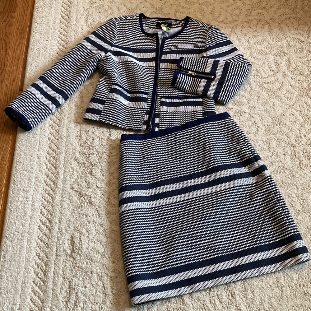 NEW J. Crew Navy and White Striped Knit Ensemble jacket skirt suit